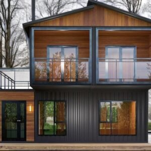 MOB TIMBERCREST luxury prefab home USA – front view with timber and charcoal steel exterior