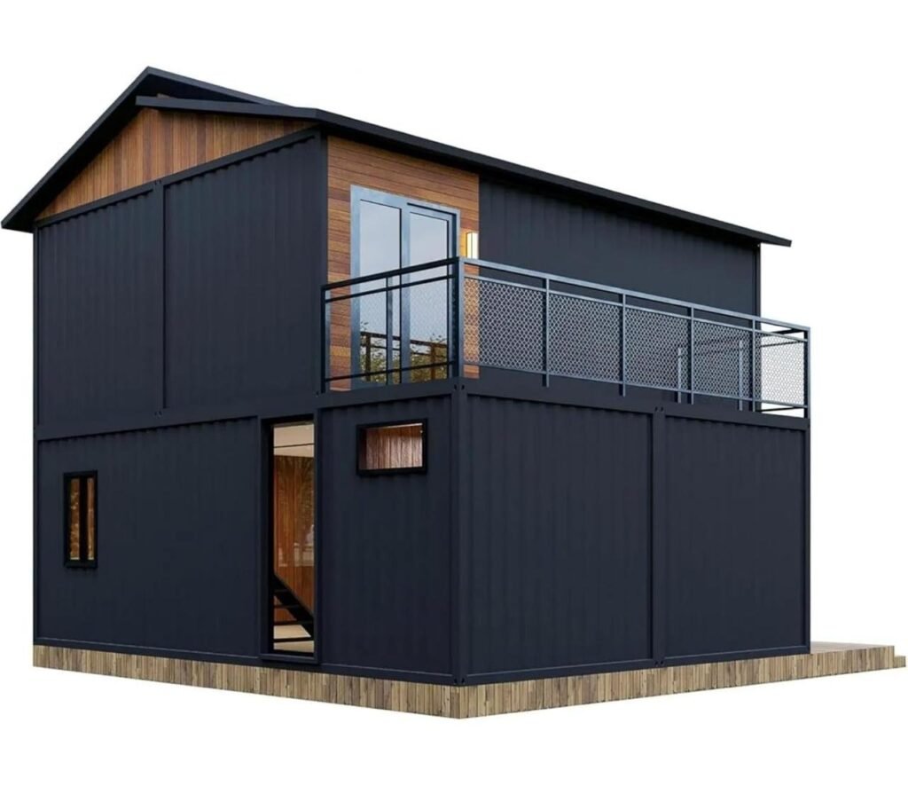 Modern two story modular house – rear elevation with rooftop terrace railing | MOB TIMBERCREST
