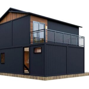 Modern two story modular house – rear elevation with rooftop terrace railing | MOB TIMBERCREST