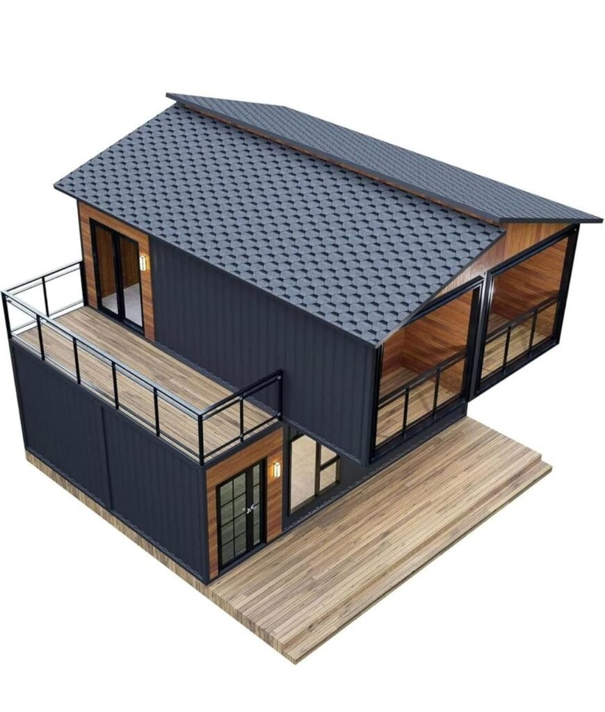 Rooftop terrace modular home – aerial view of MOB TIMBERCREST deck and shingle roof