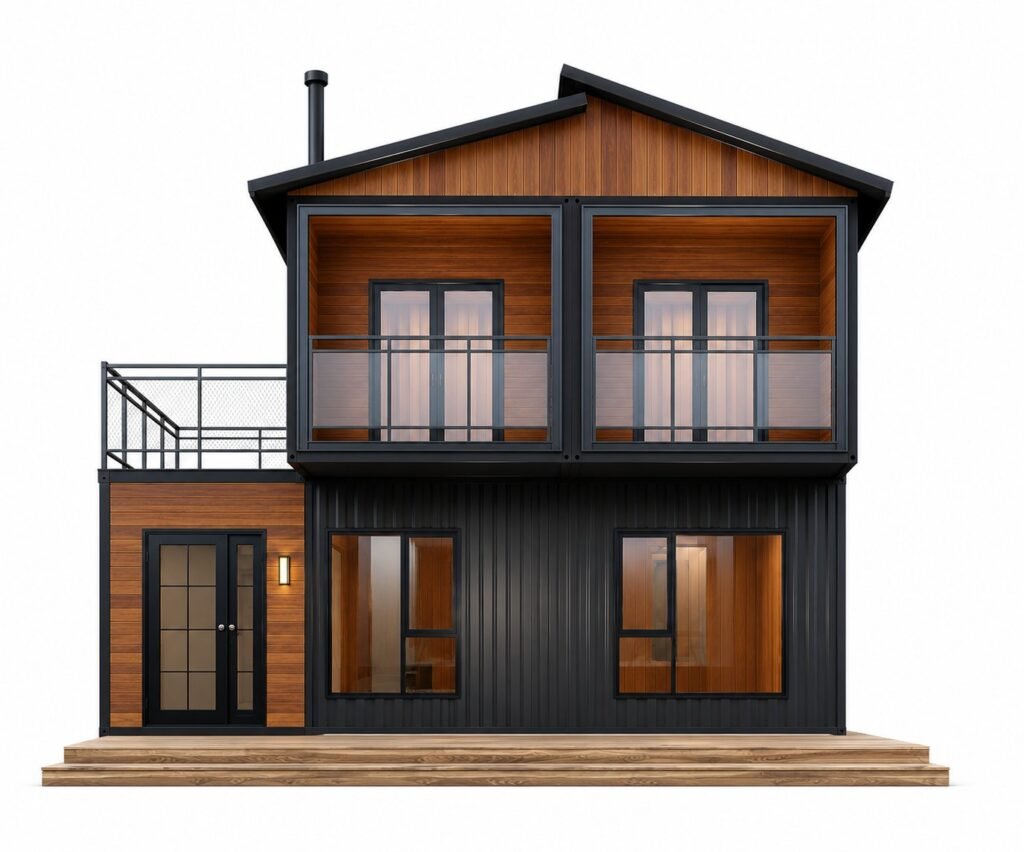 MOB TIMBERCREST two storey modular home – front elevation with rooftop terrace | Prefabia