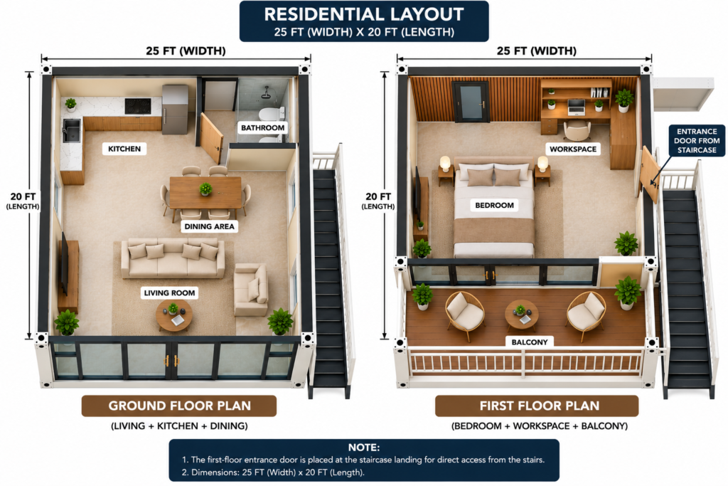 MOB RIDGEMONT 25 ft × 20 ft residential floor plan: living, kitchen and dining downstairs; bedroom, workspace and balcony upstairs