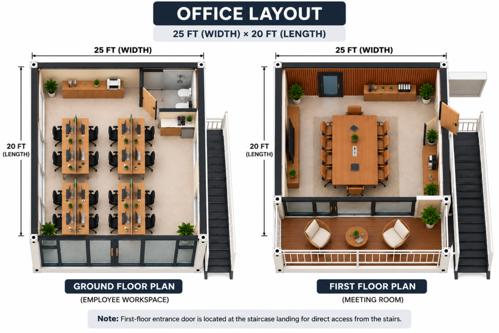 MOB RIDGEMONT 25 ft × 20 ft office floor plan: employee workspace downstairs and meeting room upstairs