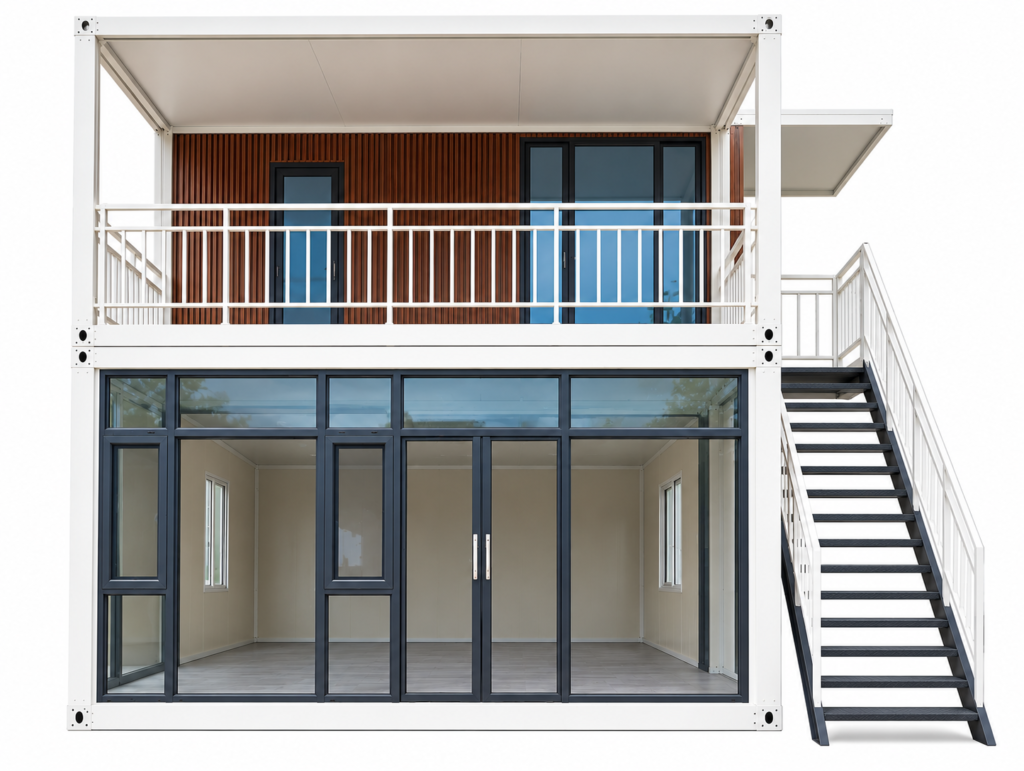 MOB RIDGEMONT two-storey modular home with glazed ground floor, wood-style upper level, balcony and exterior staircase
