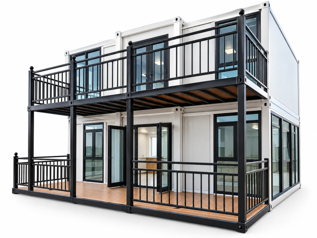 MOB SKYLINE two-storey modular home, side view of the upper balcony and glazing
