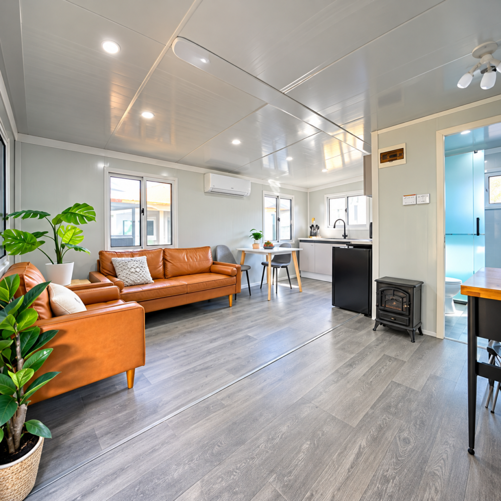 MOB SKYLINE interior living area with grey plank flooring and kitchen beyond
