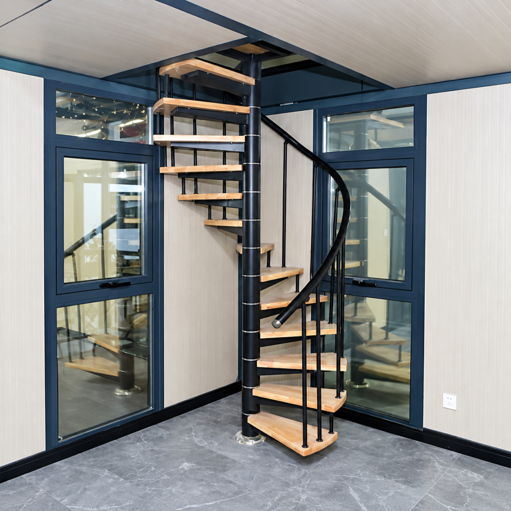 Spiral staircase with timber treads inside a MOB SKYLINE modular home