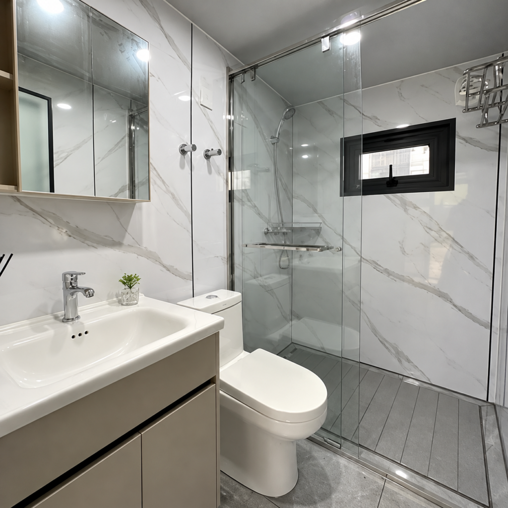 MOB SKYLINE bathroom with glass shower enclosure, vanity and toilet