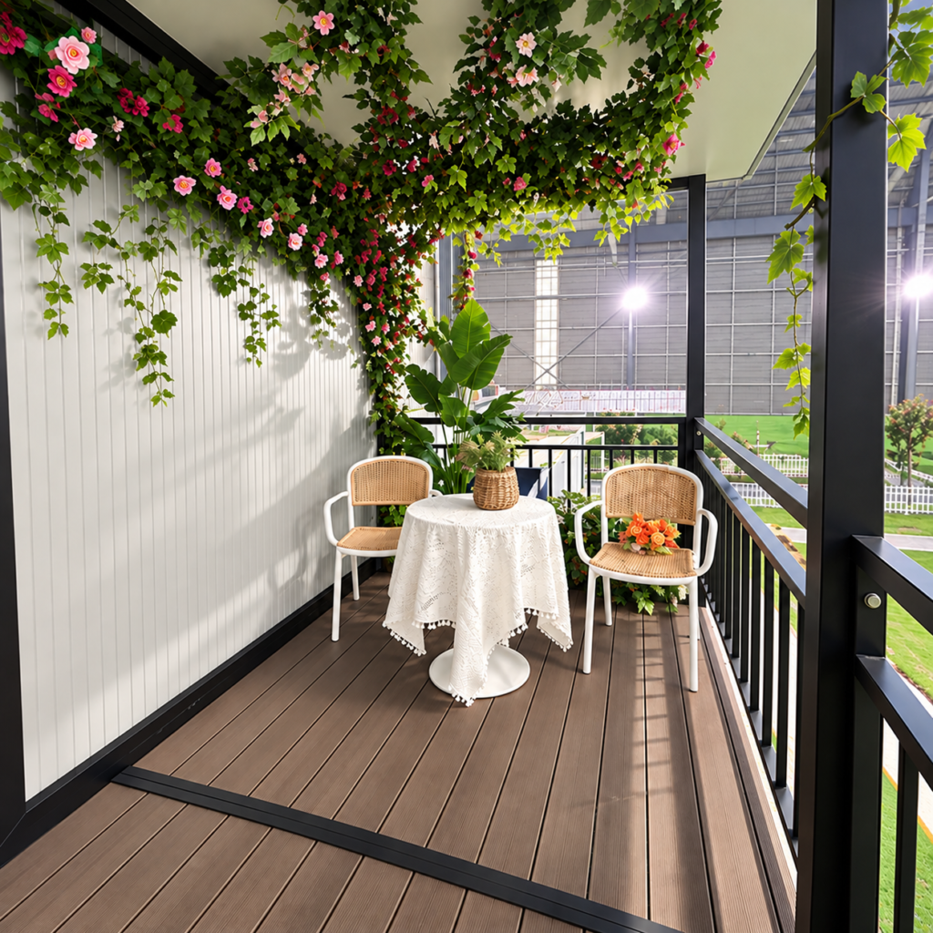 MOB SKYLINE upper balcony with decking, railings and outdoor seating