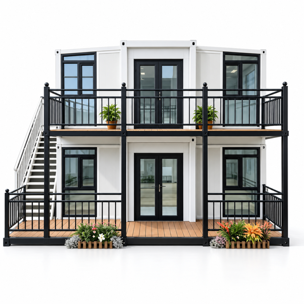 MOB SKYLINE two-storey modular home with white frame, black-framed glass doors, upper balcony and exterior staircase