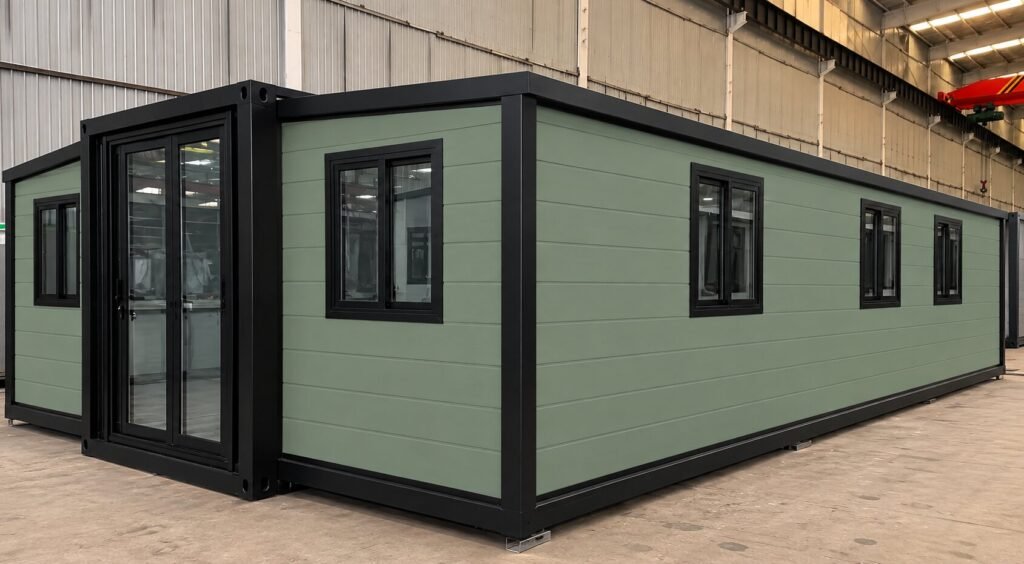 Green expandable modular home with black frame and glass doors in a factory warehouse